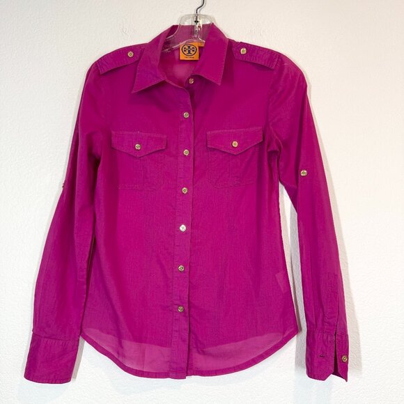 Tory Burch Button Down Shirt Blouse Long Sleeve Roll Tabs Pink Purple Cotton 2 - Picture 10 of 10